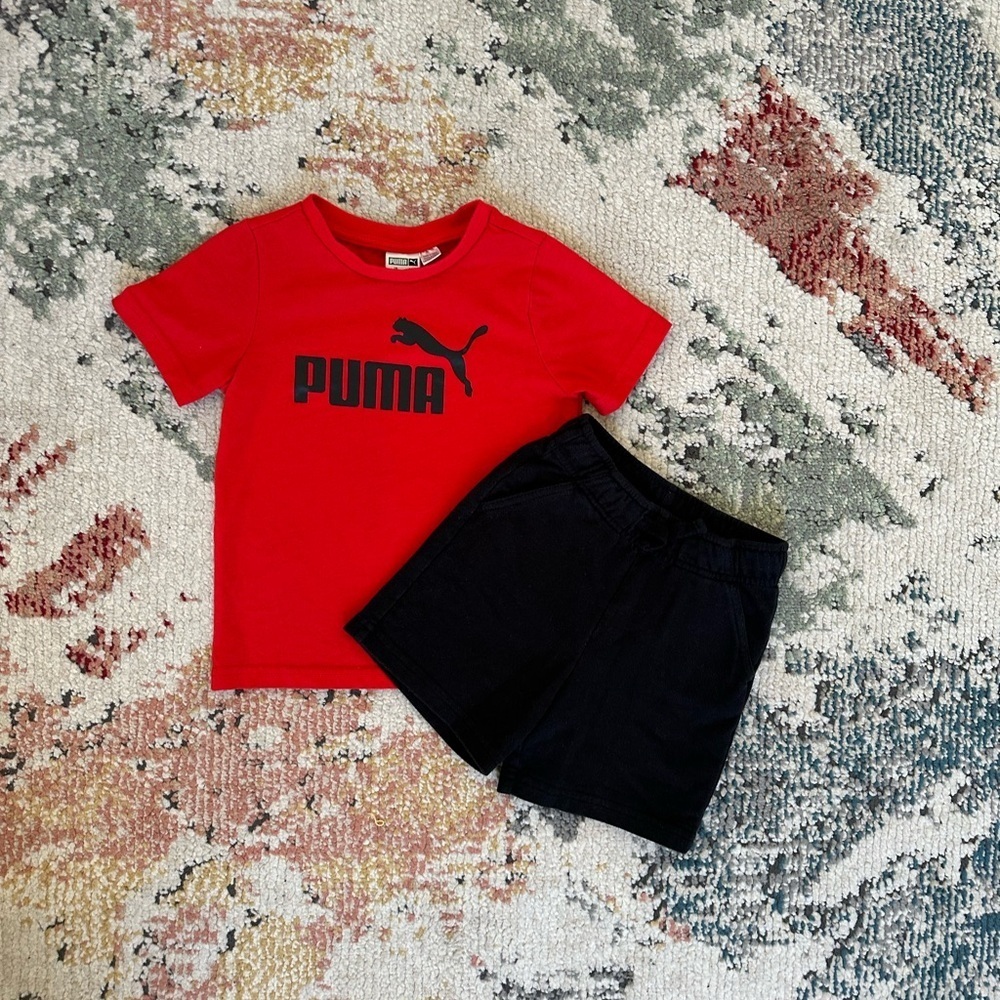 Puma Toddler Boy Red T-Shirt and Cat & Jack Black Sweat Shorts Set Size 3T - Picture 2 of 12
